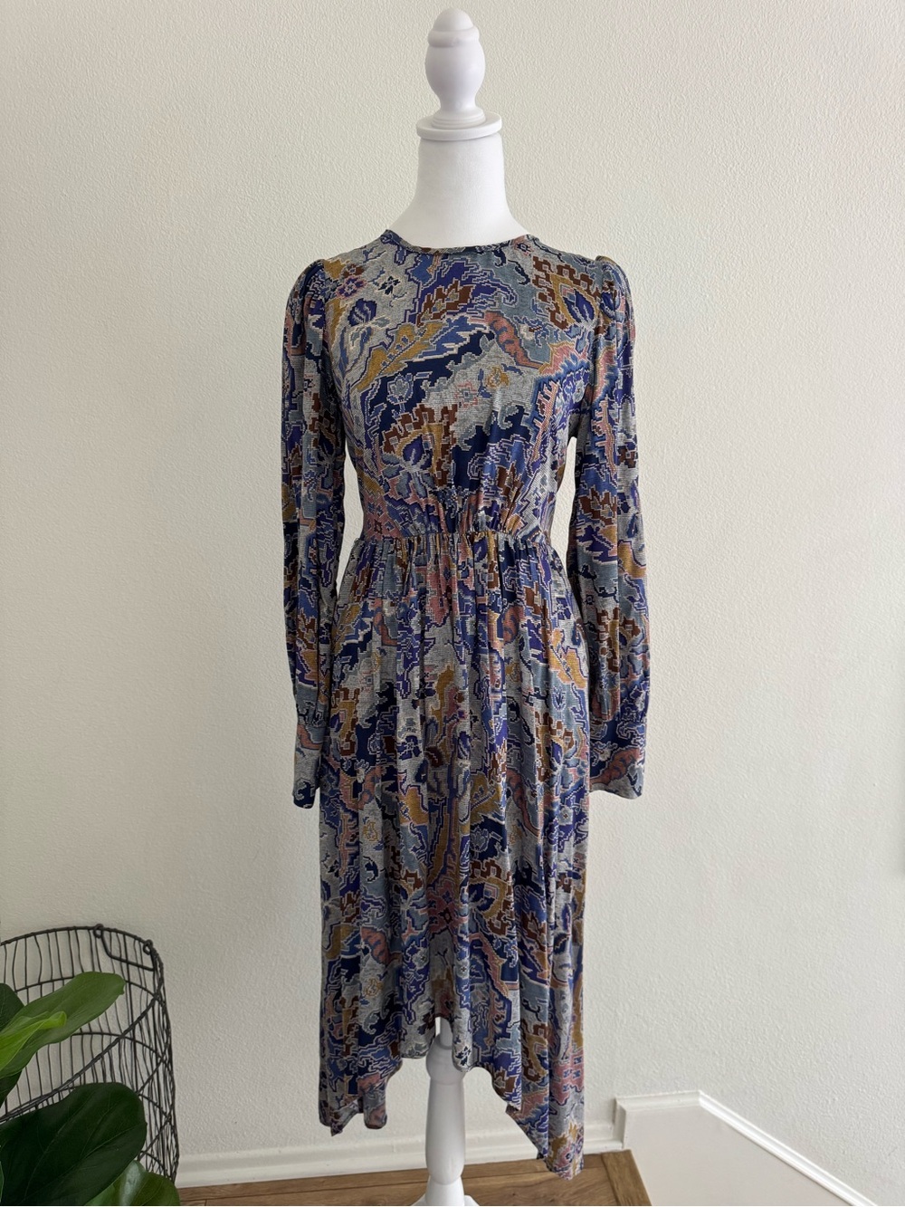 Zara Blue and Gold Paisley Long Sleeve Midi Dress